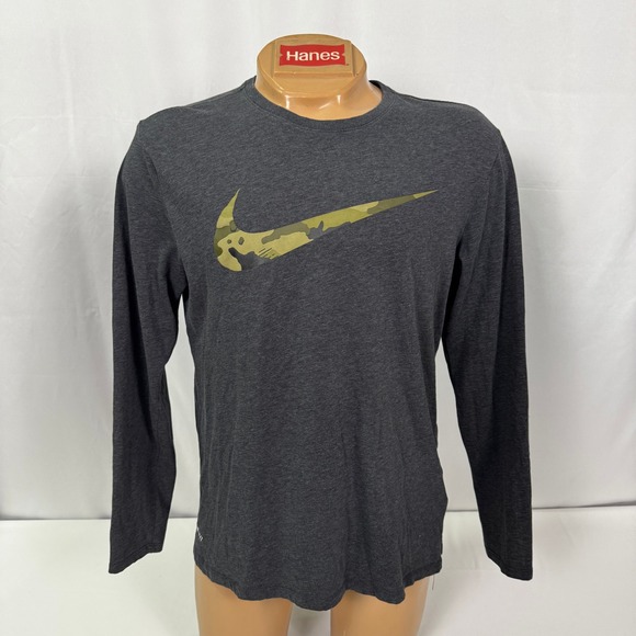 Nike Dri-FIT Long Sleeve T-Shirt Gray Camo Swoosh Athletic Cut Mens - Picture 1 of 5